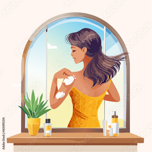 Young woman applying cooling lotion to sunburned shoulders in a bright room with a mirror, showcasing self-care and summer relaxation with copy space