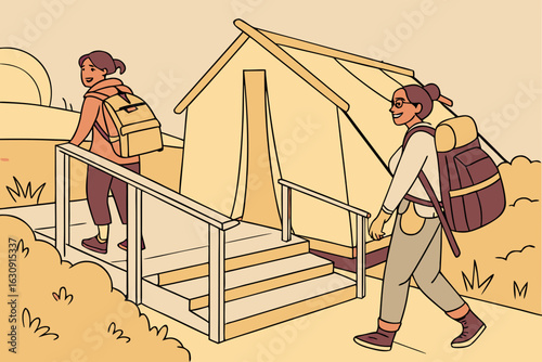 Two women with backpacks walking towards a cozy glamping tent on a sunny day, surrounded by nature, enjoying outdoor recreation and adventure in a serene environment