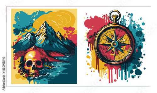 Vibrant Artwork Featuring Skull and Compass with Mountain Background