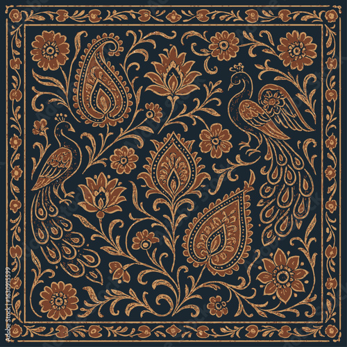 Intricate Indian paisley and peacock motif in rich red, gold, and navy, inspired by traditional Kashmiri and Mughal textile patterns, featuring ornate floral designs and elegant symmetry
