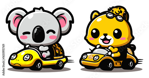 Cute Cartoon Koala and Tiger Driving Go-Karts in Colorful Style