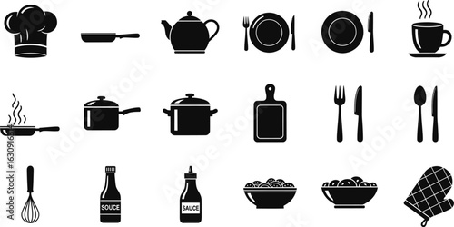 Food and drink icons vector set with cooking kitchen utensils silhouettes
