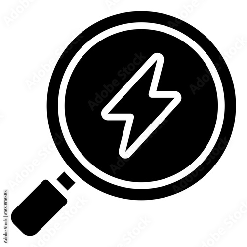 Energy Search Glyph Black Silhouette Icon Vector Design - Magnifying glass with lightning symbol, representing energy exploration, power analysis, or diagnostics