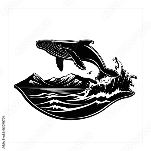 Elegant Black and White Engraving of Whale Jumping Over Waves