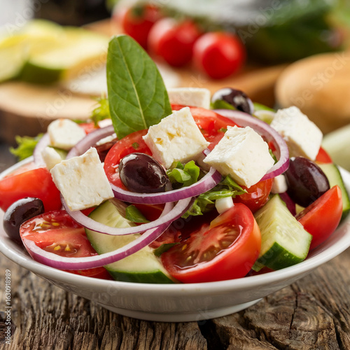 Vibrant Greek Salad with Feta Cheese in White Bowl