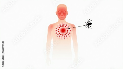 Illustration of a person with skin irritation and a spider nearby on white