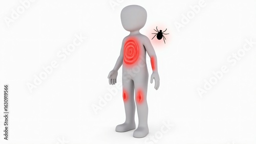 A gray figure with red spots and a tick on the shoulder on a white background