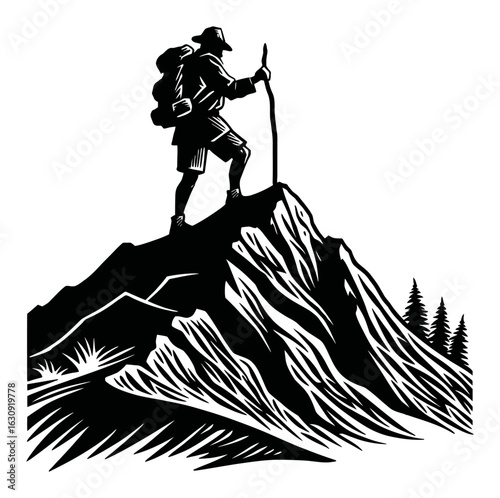 Adventurous Hiker on Mountain Peak Engraving Illustration Artwork