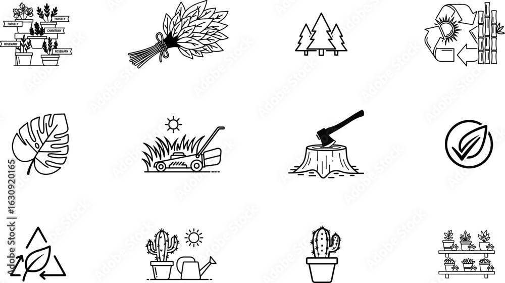 Fototapeta premium Discover the Eco-Friendly Icon Set: Plants, Trees, Recycling, and Gardening Symbols for Sustainable Design