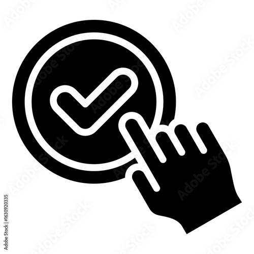Verified Action Glyph Black Silhouette Icon Design Vector - hand clicking a circle with a checkmark. Represents confirmation, user verification, and approval process