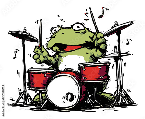 Playful Frog Drummer Illustration with Music Notes and Vibrant Colors