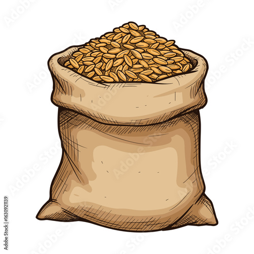 Burlap sack filled with grain. Vector illustration