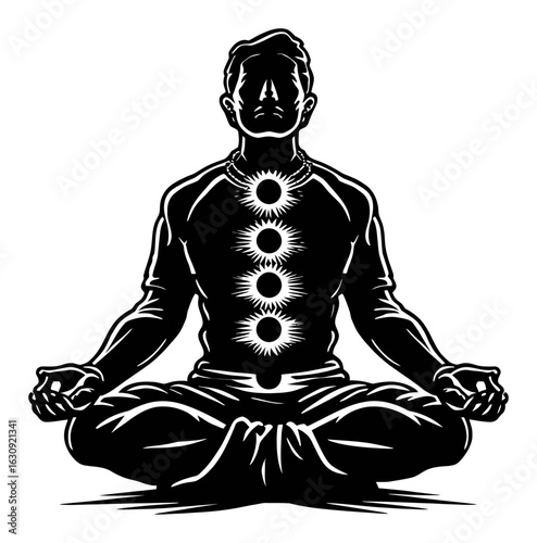 Meditative Figure with Chakra Symbols in Black and White Engraving Style