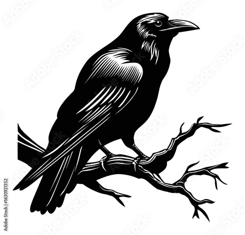 Black Raven Sitting on Branch Engraving and Illustration Design