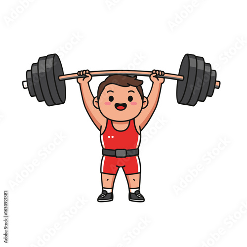 Cute cartoon male weightlifter in a red singlet triumphantly holding a heavy barbell overhead.