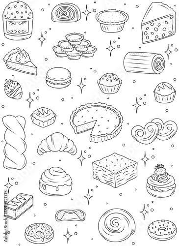 Wallpaper Mural Illustration with hand-drawn baked goods and confectionery. Cakes, croissants, doughnuts, muffins, panettone, cookies, sweets. Suitable for packaging sweets, coffee shop menus, and confectionery. Torontodigital.ca