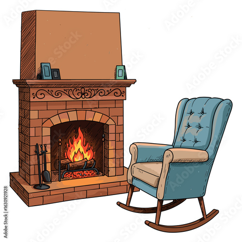 Cozy brick fireplace with rocking chair and tools in traditional living room setting. Vector illustration
