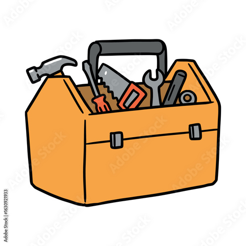 Yellow toolbox with hammer, saw, and wrench for diy projects and repairs. Vector illustration