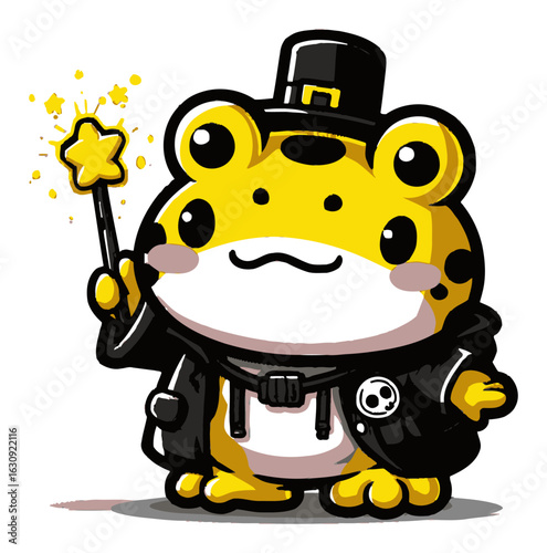 Cute cartoon frog character wearing a hat and holding a magic wand
