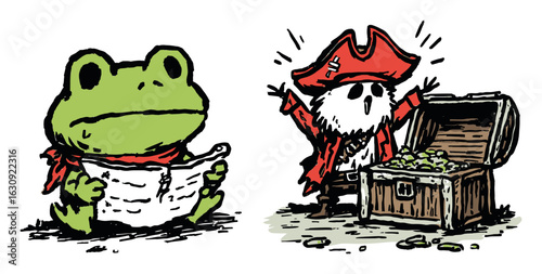 Cartoon Style Frog and Pirate with Treasure Chest in Colorful Illustration