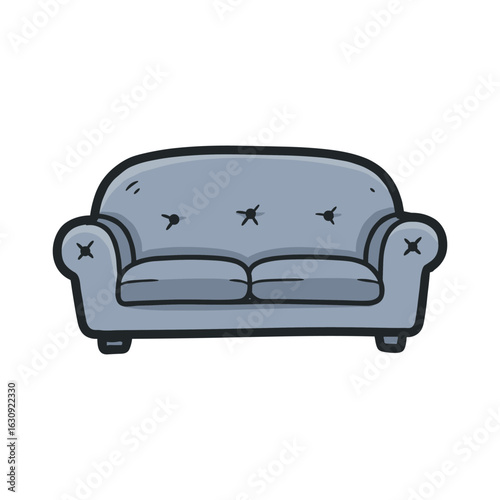Gray couch with cushions and buttons on wooden legs in a simple illustration style. Vector illustration