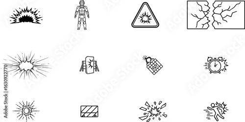 Set of Danger, Explosion, and Disaster Line Icons: Featuring Warning Signs, Cracks, Protective Suits, and Symbols of Impact and Crisis