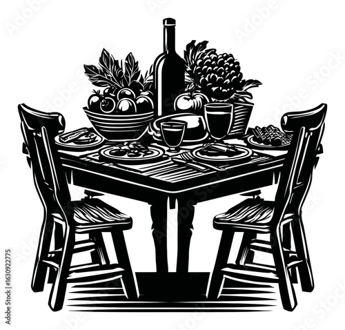 Engraved Illustration of a Dining Table with Fruits and Wine Bottles