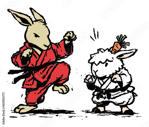 Playful Rabbit and Sheep Characters in Dynamic Martial Arts Stance