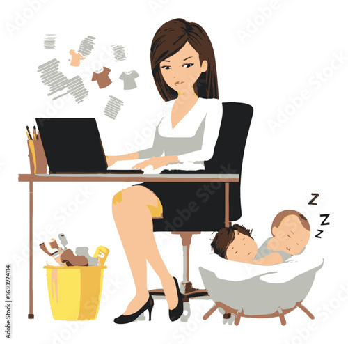 Busy Mom Working from Home While Caring for Sleeping Infants