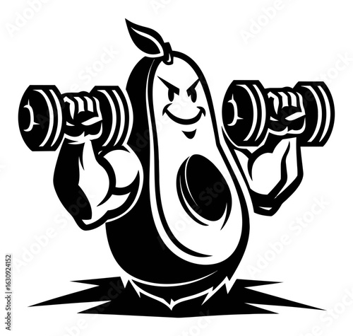 Fit Avocado Lifting Weights in Dynamic Cartoon Style Engraving