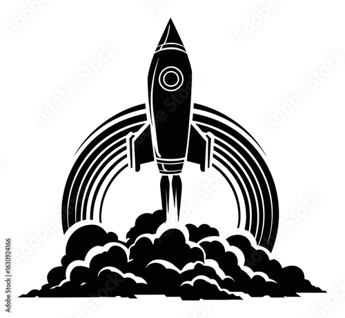 Vintage Rocket Launching into Space with Clouds and Rainbows Illustration