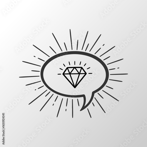 Diamond icon in hand drawn speech bubble with sunburst effect