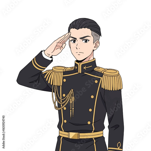 Animated male character in military uniform saluting.