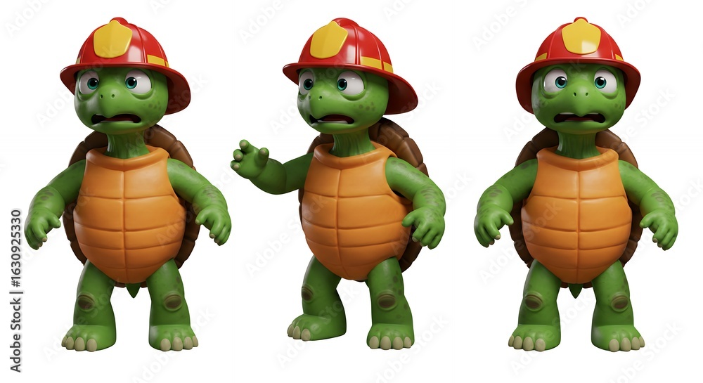 Obraz premium Cartoon turtle firefighters diverse expressions
