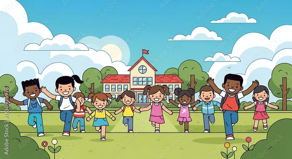 Obraz premium Cheerful Cartoon Children Running Hand-in-Hand in Field with School Building Background
