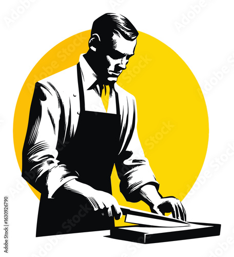 Vintage Style Chef Preparing Food with Knife in Black and Yellow Illustration