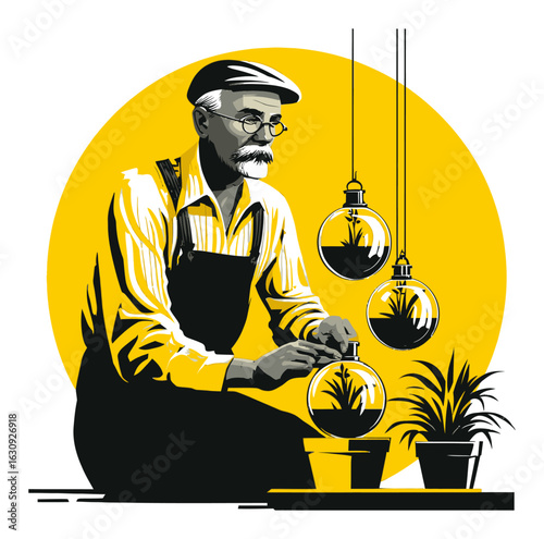 Vintage Gardener Working with Glass Terrariums and Indoor Plants Illustration
