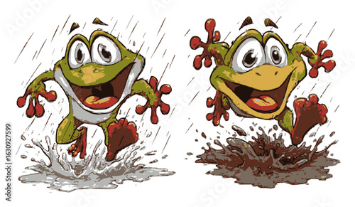 Cheerful Cartoon Frog Jumping Through Puddles in Rainy Weather Scene