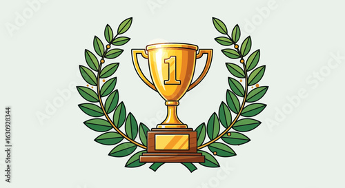 Illustration Trophy Vector with Laurel Wreath and Gold Green Colors