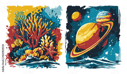 Vibrant Abstract Illustration of Coral Reef and Planetary Landscape