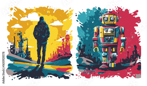 Futuristic Illustration of a Human Figure and a Colorful Robot in Abstract Art