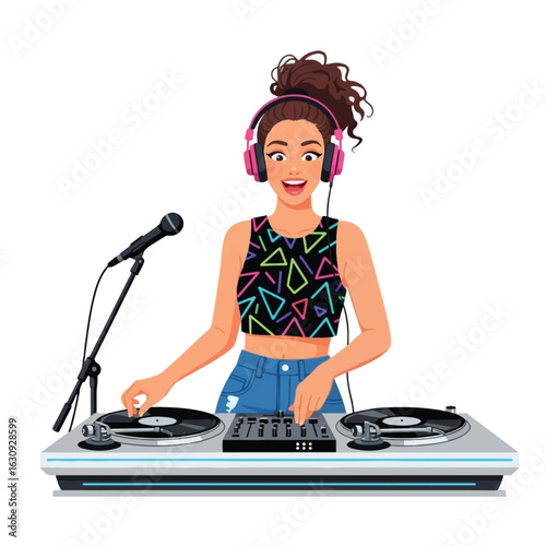 A smiling female DJ with headphones mixing music on a turntable setup, ready to entertain.