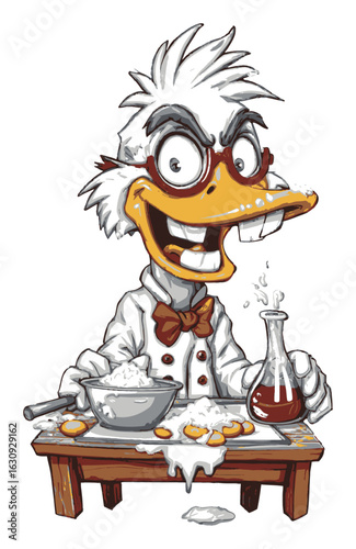Cartoon Duck Scientist Mixing Ingredients in a Whimsical Laboratory Scene