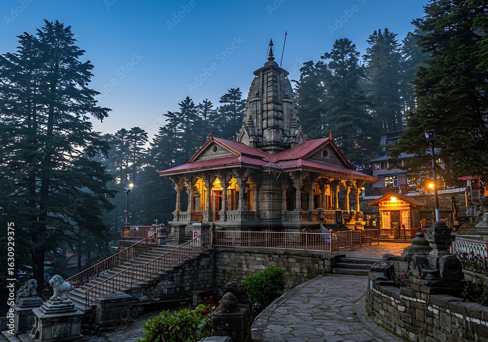 Naklejka premium Ncient hindu temple with stone stairs and forest at dusk