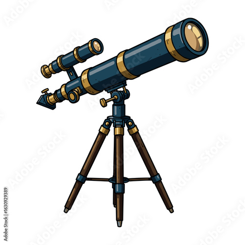 Antique brass telescope on wooden tripod stand with vintage design features. Vector illustration