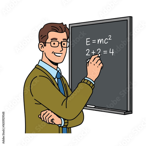 Smiling teacher writing equations on a chalkboard, demonstrating knowledge.