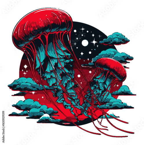 Colorful Jellyfish Silhouette Art Against Starry Night Background