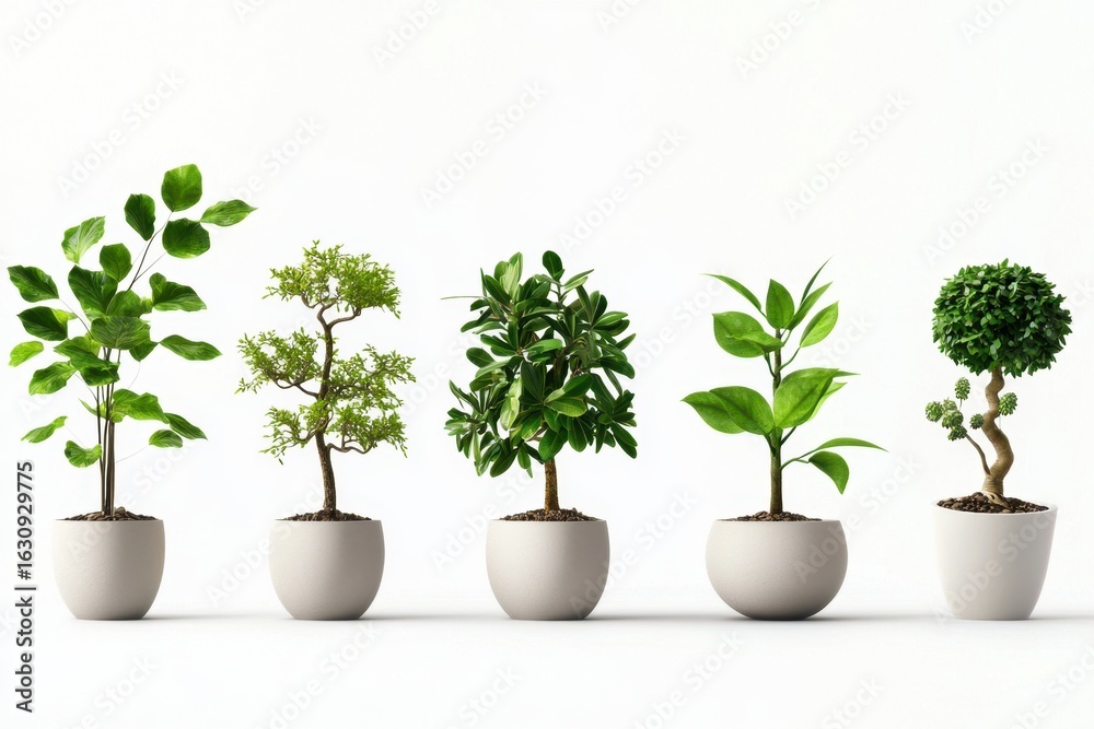 Obraz premium Collection of small potted trees with various shapes and sizes, showcasing vibrant green leaves and unique textures, perfect for indoor decoration and enhancing ambiance