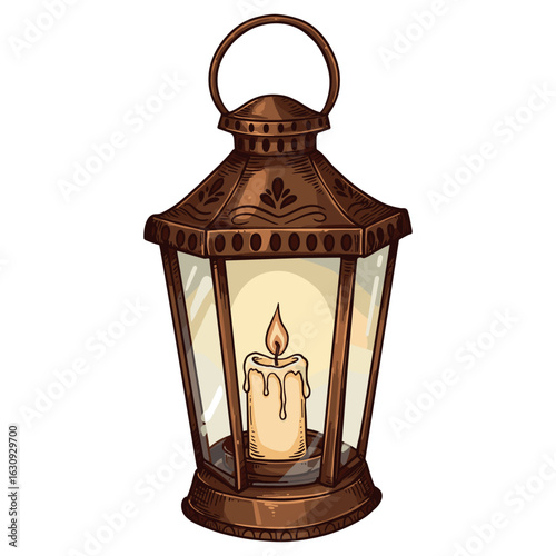 Vintage brass lantern with glowing candle and intricate patterns. Vector illustration