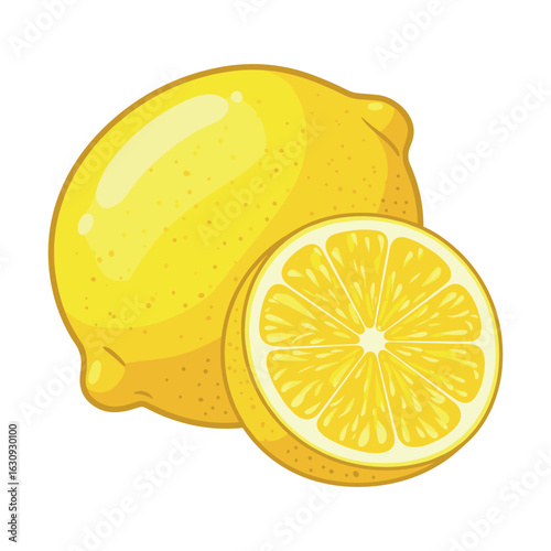 Bright yellow lemon and juicy sliced lemon. Vector illustration